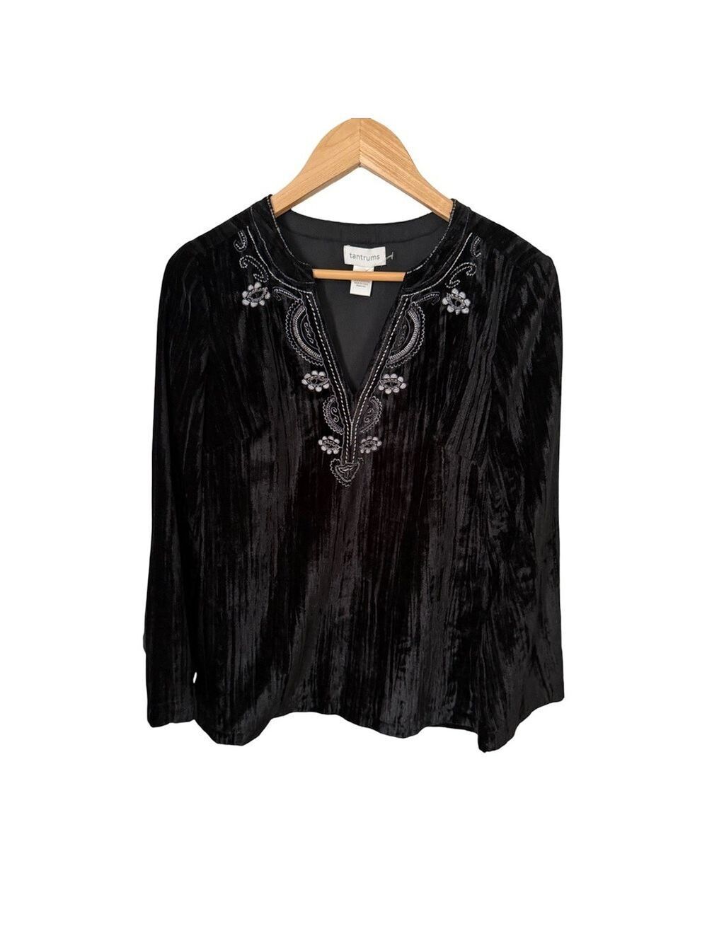 Tantrums Women's Black Long Sleeve Velvet Tunic Embellished Blouse Size M